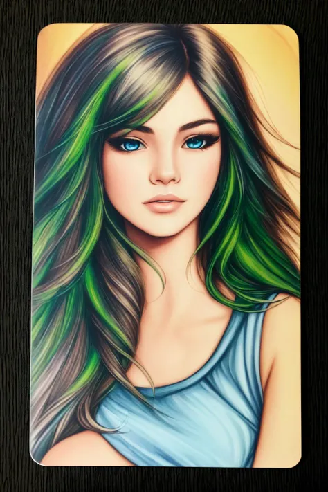 a painting of a woman with green hair and blue eyes