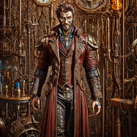 steampunk, <lora:Gothic_Outfit:1> gothout, a man standing in a mad scientists laboratory, glass, metal, neon