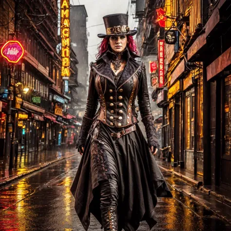 steampunk, <lora:Gothic_Outfit:1> gothout, a woman walking on a dark steamy urban street with neon lights, rain, night, streetlights, steam, sparks