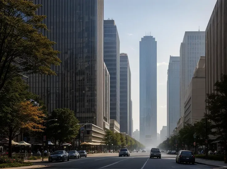 cars driving down a city street in the middle of a foggy day