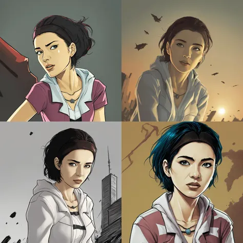 a close up of four different pictures of a woman with a gun