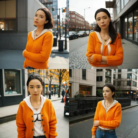 arafed image of a woman in an orange sweater and jeans