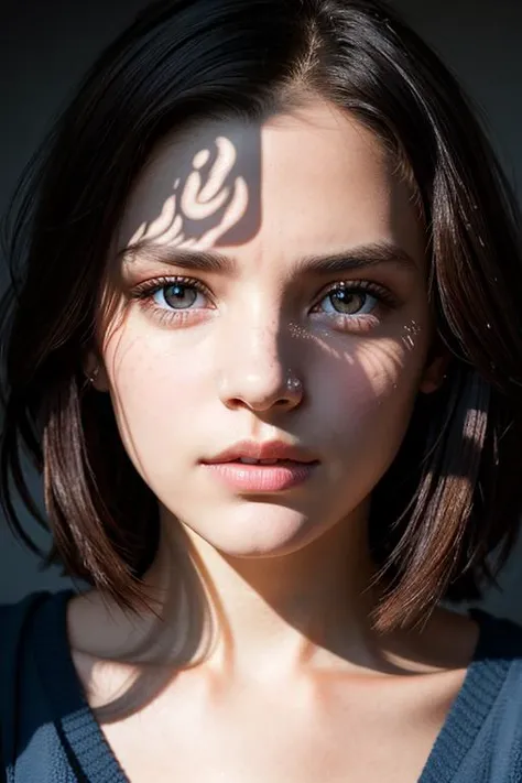 photo portrait of a pensive young brunette woman with sparkling eyes, detailed skin, (half her face concealed in shadow:1.4), ti...