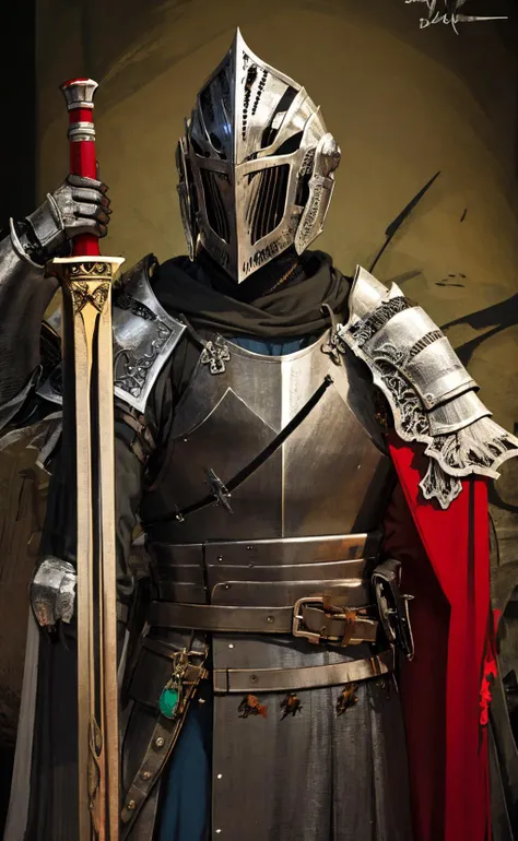 a close up of a knight in armor holding a sword