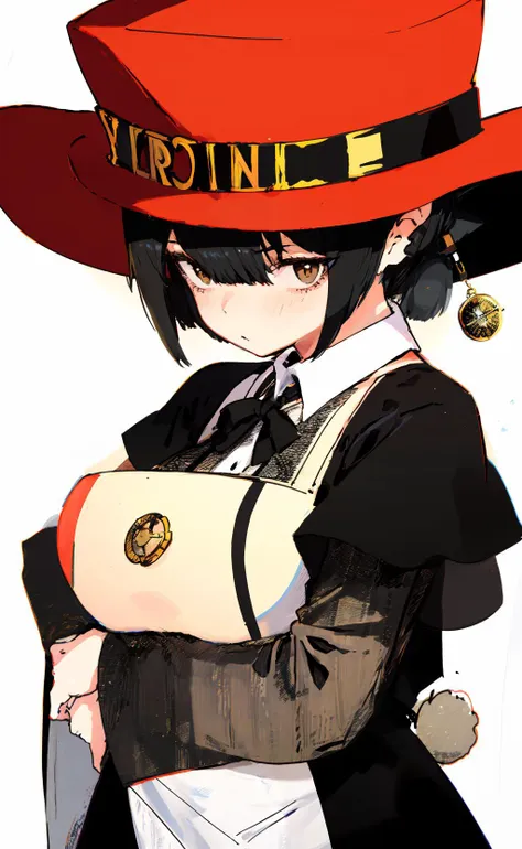 anime character with red hat and black dress holding a white and black bag