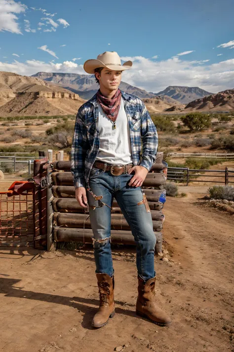 arafed man in cowboy hat and plaid shirt standing in front of a fence