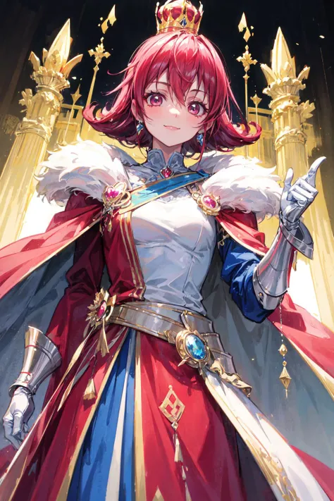 masterpiece,best quality,1girl,toned,AidaMana,pink hair,short hair,half updo,hair ribbon,(king),(pink cape),fur-trimmed cape,armor,gold,crown,royal,long dress,gem,jewelry,white gloves,gauntlets,smile,confident,throne room,throne,pillar,banner,grand palace,...