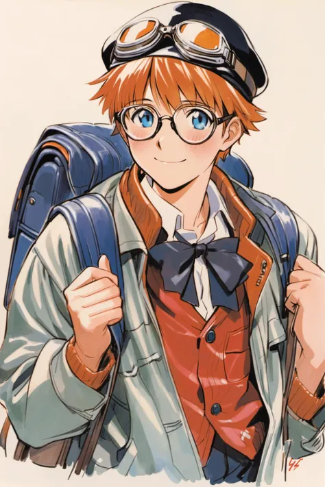 Jean Roque Lartigue, 1boy, solo, hat, goggles, glasses, male focus,bow, blue eyes, traditional media, smile, bowtie, orange hair, blush, jacket, backpack, bag, upper body,, <lora:Sadamoto Yoshiyuki_XL_V2:0.8>