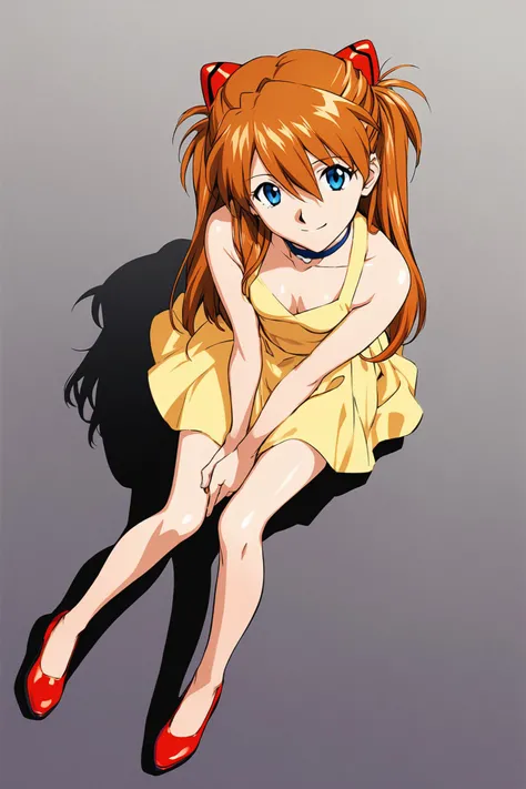 1girl,souryuu asuka langley,yellow dress,dress,solo,shadow,long hair,blue eyes,breasts,gradient,orange hair,gradient background,smile,choker,sitting,shoes,bangs,full body,cleavage,looking at viewer,small breasts,bare shoulders,from above,two side up,yellow...