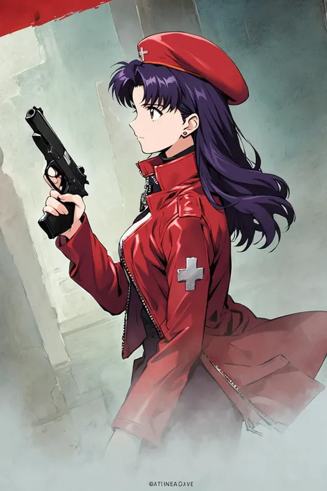 katsuragi misato,1girl,jewelry,weapon,gun,solo,hat,earrings,handgun,holding,long hair,stud earrings,holding weapon,jacket,open c...