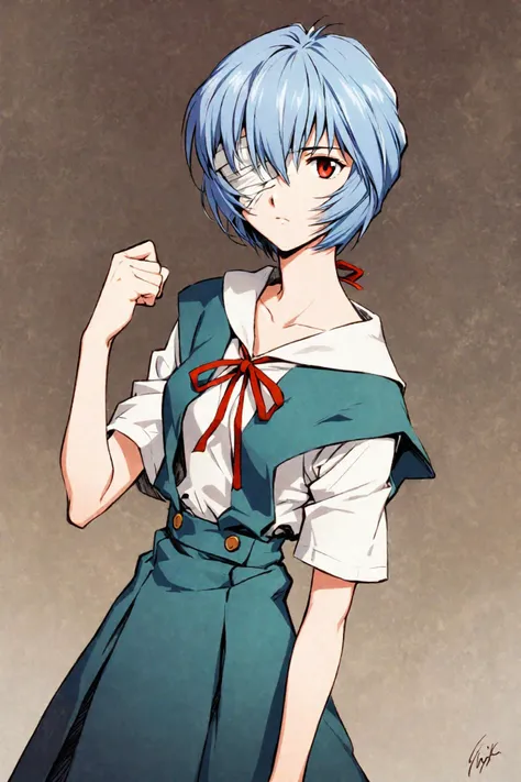 1girl,ayanami rei,short hair,blue hair,bandages,school uniform,solo,bandage over one eye,red eyes,ribbon,looking at viewer,tokyo...