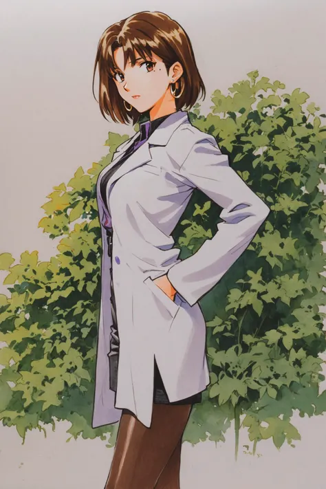 1girl,solo,labcoat,pantyhose,short hair,earrings,jewelry,mole,skirt,pencil skirt,mole under eye,hand in pocket,brown hair,traditional media,<lora:Sadamoto Yoshiyuki_XL_V3:0.8>,