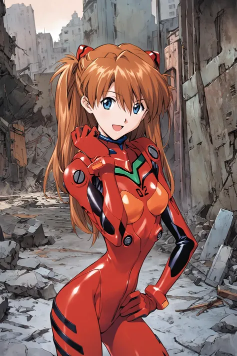 1girl,long hair,plugsuit,bodysuit,souryuu asuka langley,pilot suit,bracer,ruins,city,blue eyes,smile,breasts,bangs,turtleneck,so...