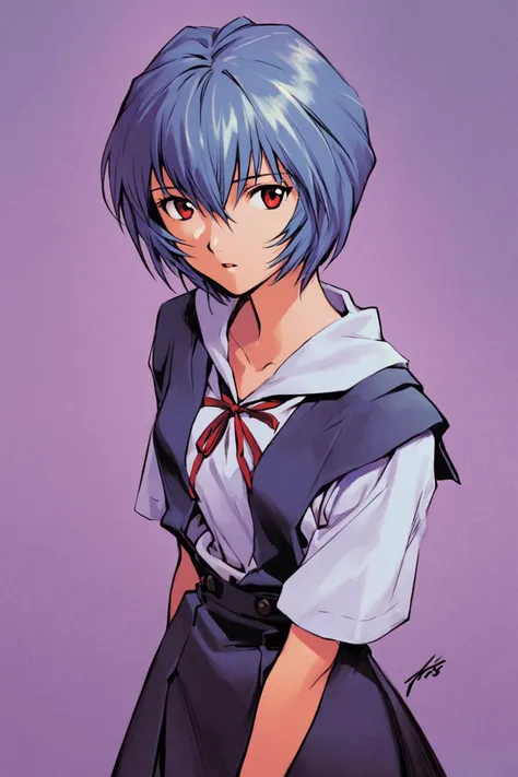 1girl,ayanami rei,solo,red eyes,short hair,school uniform,blue hair,tokyo-3 middle school uniform,signature,short sleeves,hair b...