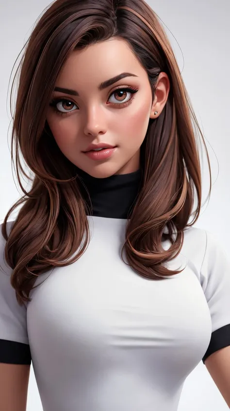 <lora:jessi:0.7> as cartoon character, sfw, dressed, black top, turtleneck, brown eyes, curvy, upper body, intricate, sharp focus, soft lighting, vibrant colors, masterpiece, (frontal), detailed eyes, advertising studio lights, frontal led light ring, smoo...