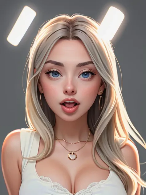 Realistic photo of a beautiful c0r1nn4k woman, 1girl, solo, long hair, looking at viewer, open mouth, blue eyes, blonde hair, jewelry, teeth, grey background, necklace, lips, grey eyes, eyelashes, portrait, realistic, nose, soft lighting, professional Phot...