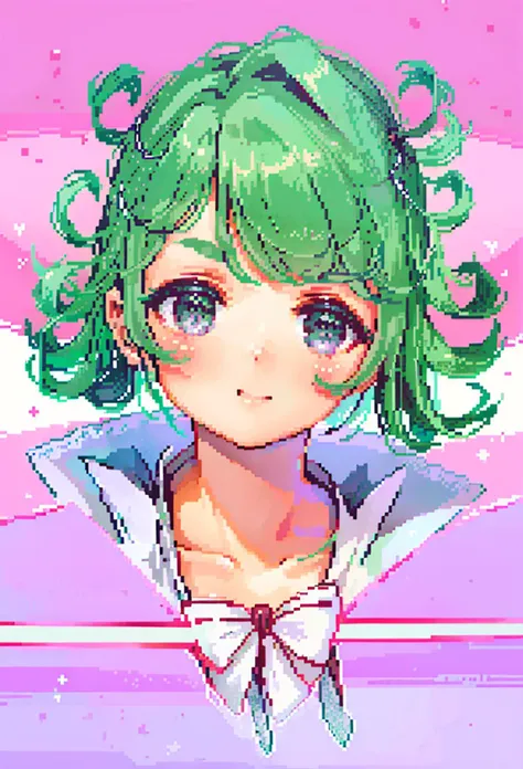 a close up of a person with green hair and a pink background