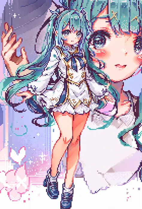 anime girl with green hair and blue eyes in a white dress