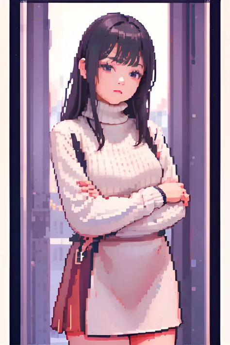 <lora:pixelstyle-tatsu:0.8>, pixel art,  woman wearing turtleneck sweater and midi skirt, <clip:skip:2>, masterpiece, 8k, high r...