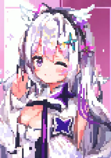 1girl, flower,((white hair)), hair ornament, solo, azusa (blue archive), hair flower, long hair, halo, purple eyes, one eye closed, purple flower, wings, white background, breasts, bangs, looking at viewer, simple background, hair between eyes, closed mout...