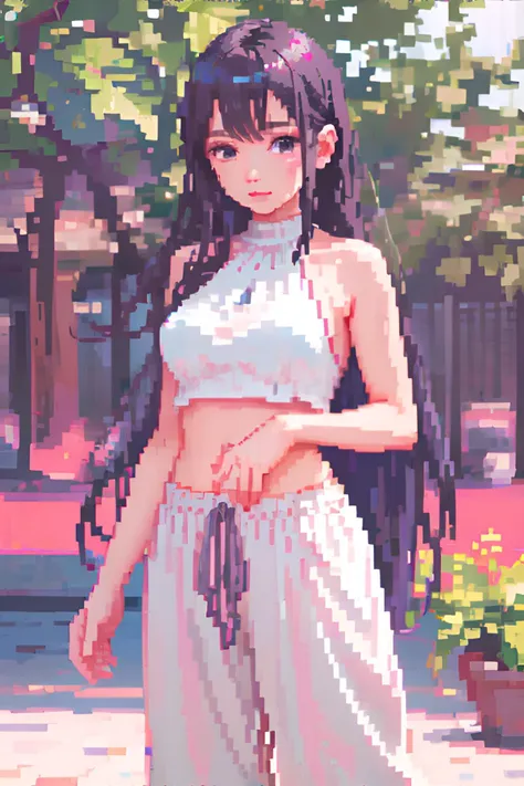 <lora:pixelstyle-tatsu:0.8>, pixel art,  woman wearing drawstring pants and halter neck top, <clip:skip:2>, masterpiece, 8k, hig...