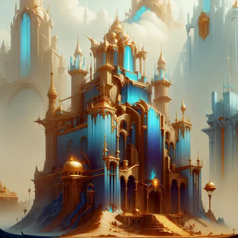 masterpiece, absurdres, <lora:WorldofLight:1.2>, worldoflight, gold and blue, grand, majestic, castle,