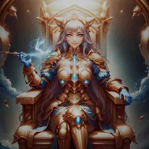 masterpiece, absurdres, detailed eyes, <lora:WorldofLight:1.2>, worldoflight, gold and blue, 1girl, armoured dress,  smiling looking at viewer, sitting on throne,