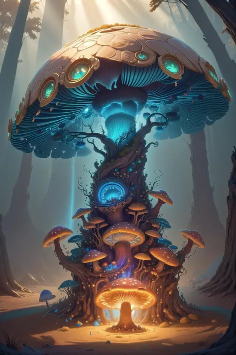 a mushroom house in the middle of a forest with a light coming out