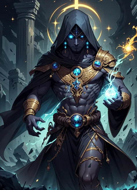 a man in a hoodedie with a glowing blue eye and a sword