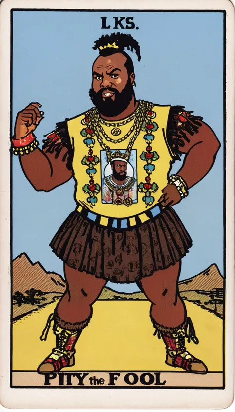 lks73zb1, tarot card of  Mr T from A-Team, Bottom Text "PITY THE FOOL"
detailed, masterpiece, 
  <lora:Rider-Waite-Smith tarot:1>, <lora:EnvyBetterHiresFixXL01:0@0,0@.49,1@.5:hr=1>