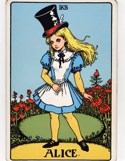 lks73zb1, tarot card of Alice from alice in wonderland, wearinga top hat, text ALICE
detailed, masterpiece, 
 <lora:xl_more_art-full_v1:0.5>  <lora:Rider-Waite-Smith tarot:1>, <lora:EnvyBetterHiresFixXL01:0@0,0@.49,1@.5:hr=1>