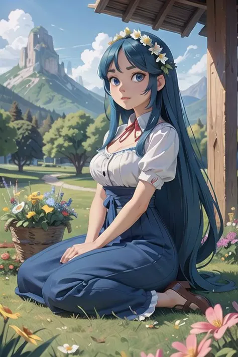 women, village outfit, perfect blue eyes, blue hair , long hair ,wide hips, wide things, slim waist, flower basket, sitting under the tree, mountain, flowers , plants,((beautiful face)),(((best quality, masterpiece))),(((extreme realistic)))