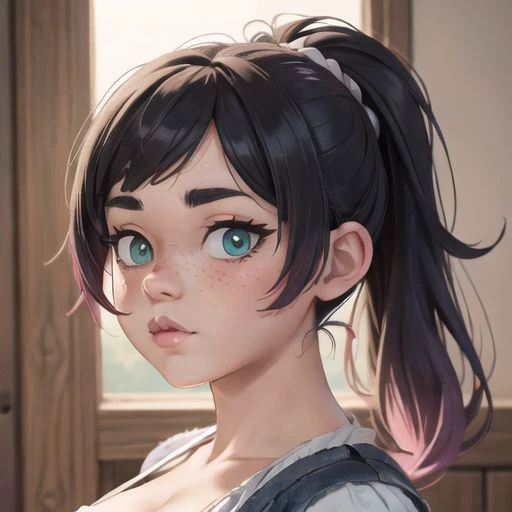 highres, masterpiece, 1girl, solo, looking at viewer, clamEmma, <lora:clamEmma:0.6>, cleavage, jean shorts, high socks, side-swept bangs, black hair, pink IncursioDipDyedHair, messy mid ponytail, green eyes, thick eyebrows, freckles, perfect lighting, bloo...