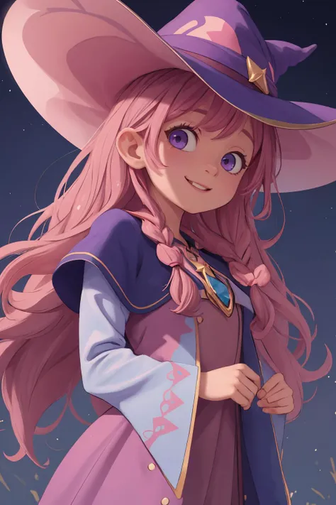 masterpiece, best quality, blue sky, cute, 1girl, upper body, happy, witch hat, purple hat, big hat, star print, witch, dress, (pink dress:0.7), star print dress, (light brown hair:1.1), (wavy hair, long hair:0.5), (pink capelet:0.6), (purple dress:0.5),