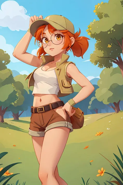 a woman in a hat and shorts is standing in the grass