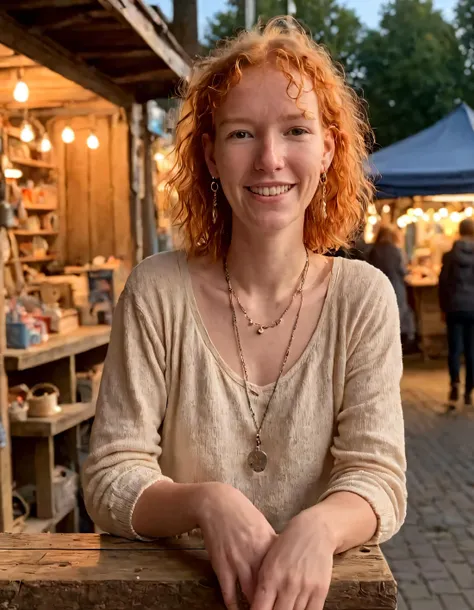 In the enchanting sunset-lit street market, Femke Quintana stands alone on her weathered wooden stool, capturing herself with a camera as she radiates confidence while smiling brightly, her earrings and necklace sparkling in the twilight, effortlessly beco...