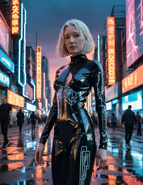 a woman in a latex outfit standing in a city street