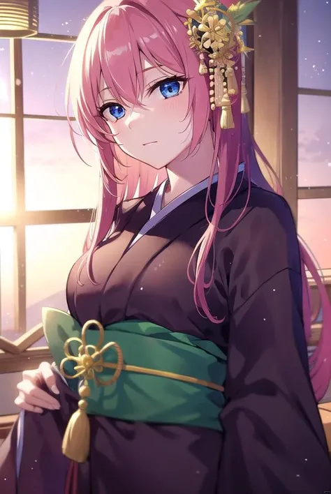 kayosudou, <lora:kayosudou-lora-nochekaiser:1>,
kayo sudou, blue eyes, pink hair, long hair,
BREAK flower, flowes, green sash, hair ornament, japanese clothes, kimono, obi, red kimono, sash,
BREAK cowboy shot, looking at viewer,
BREAK indoors,
BREAK <lyco:...