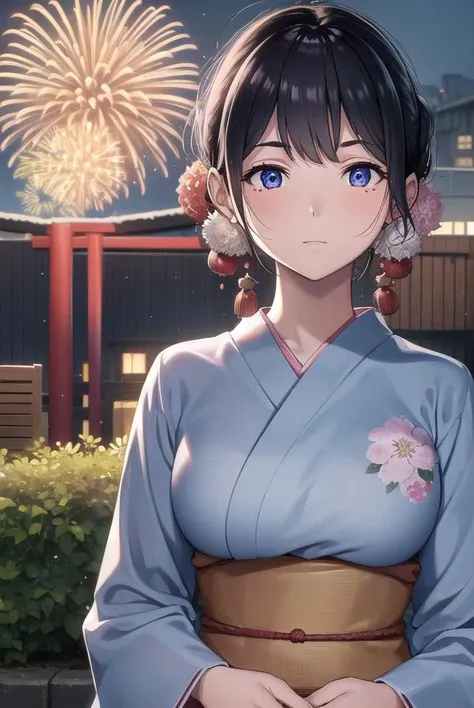 anime girl in kimono outfit with fireworks in background