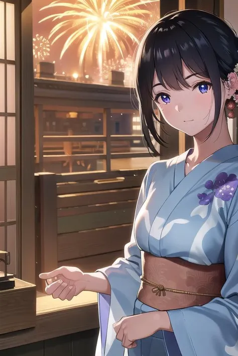 anime girl in kimono outfit pointing at fireworks in window