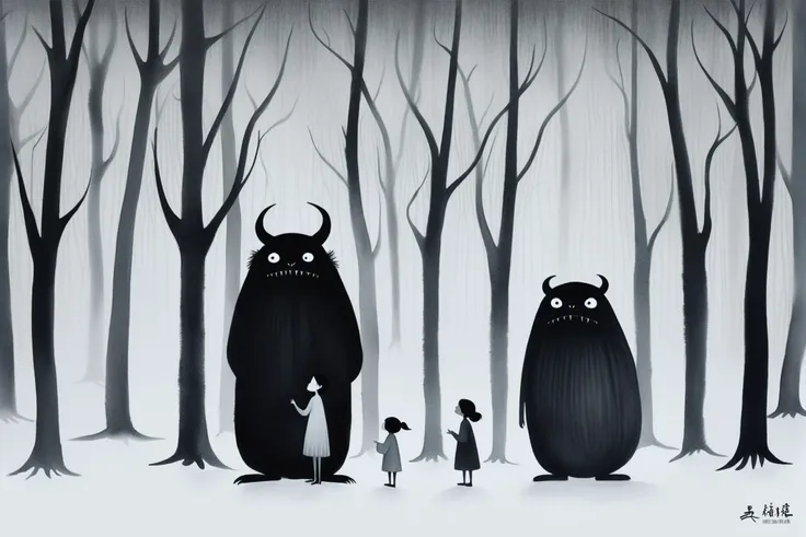 painting of a family of three standing in a forest with a monster