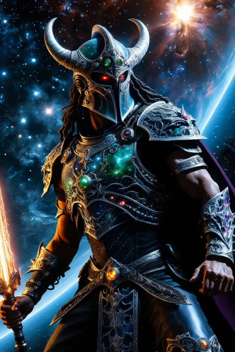 a man in armor holding a sword in front of a planet