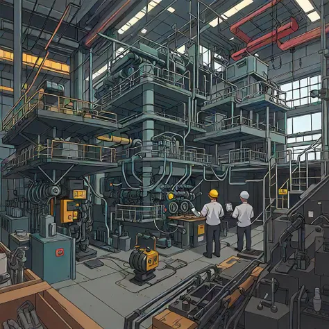 there are two men standing in a factory with machines