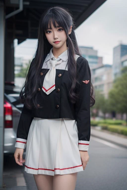 ultra-detailed,highly detailed,best quality,masterpiece,illustration,realistic,
daidouji tomoyo, 1girl, solo, cosplay, 
long hair, black hair,bangs, sidelocks,
tomoeda elementary school uniform, serafuku, long sleeves,buttons,neckerchief, pleated skirt,
ou...