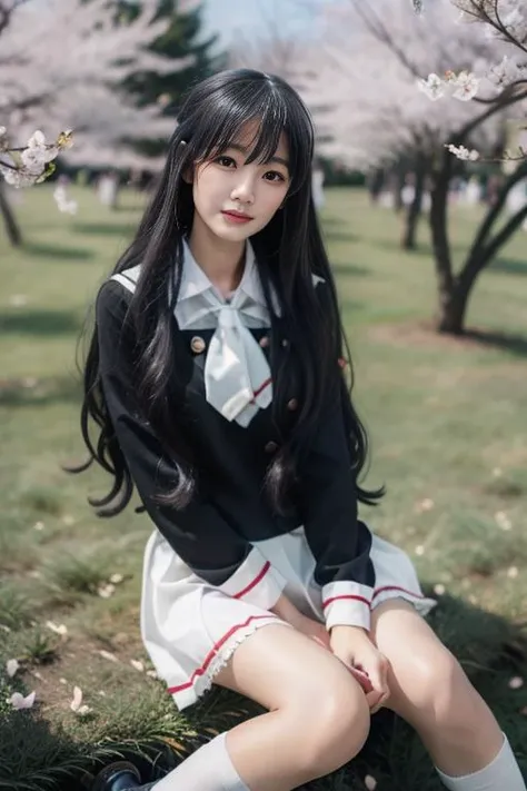 ultra-detailed,highly detailed,best quality,masterpiece,illustration,realistic,
daidouji tomoyo, 1girl, solo, cosplay, 
long hair, black hair,bangs, sidelocks,
tomoeda elementary school uniform, serafuku, long sleeves,buttons,neckerchief, pleated skirt,soc...