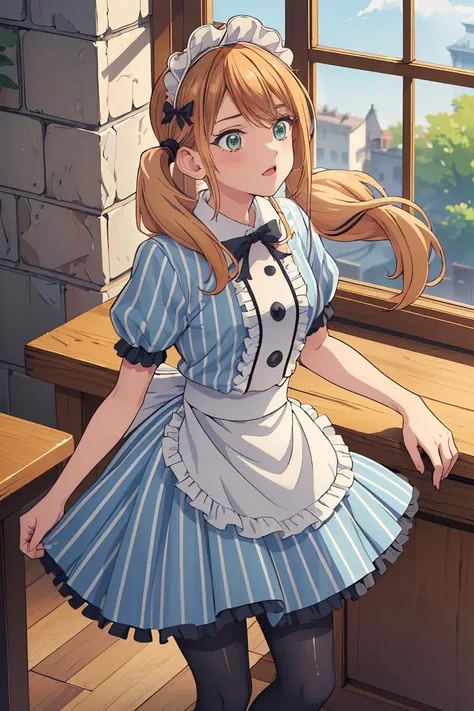 (masterpiece, best quality), 1girl,  <lora:tsukishima_riho_v1:1> 1girl, solo, blonde hair, low twintails, maid headdress, hair bow, green eyes, neck ribbon, frills, vertical stripes, blue dress, short sleeves, apron, black pantyhose