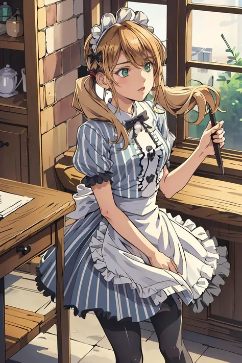 (masterpiece, best quality), 1girl,  <lora:tsukishima_riho_v1:1> 1girl, solo, blonde hair, low twintails, maid headdress, hair bow, green eyes, neck ribbon, frills, vertical stripes, blue dress, short sleeves, apron, black pantyhose