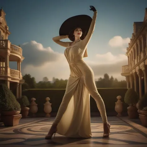 a woman in a long dress and hat is dancing in a courtyard