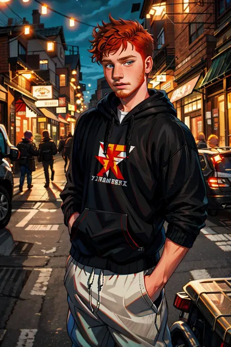 Wholesome Candid photo of a timid 18yo redneck dg_Finn boy, (ginger facial stubble:1.1),  short dark red hair, photorealistic, hyperdetailed, <lora:dg_Finn_v1:0.8>, solo, streets, scared face, outdoors, nighttime, wearing a hoodie, pants, shirt, sharp focu...