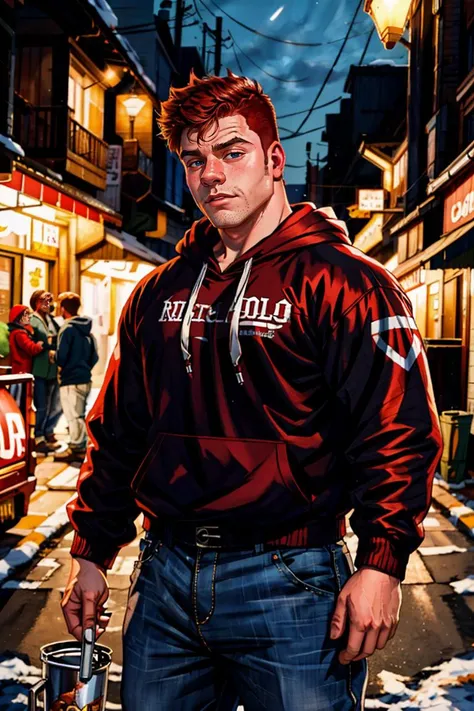 Wholesome Candid photo of a 20yo redneck bully dg_Dale boy, short dark red hair, photorealistic, hyperdetailed, <lora:dg_Dale_v1:0.8>, solo, streets, shaved face, outdoors, nighttime, wearing a hoodie, pants, shirt, sharp focus,